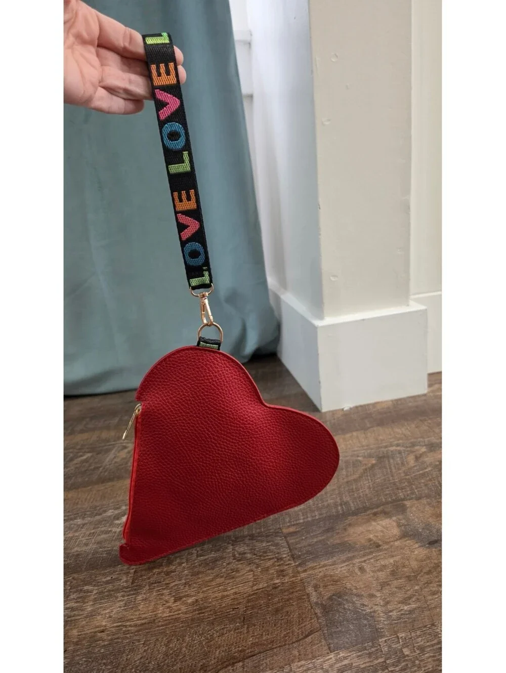Red Heart Shaped Wristlet Bag with LOVE Strap
